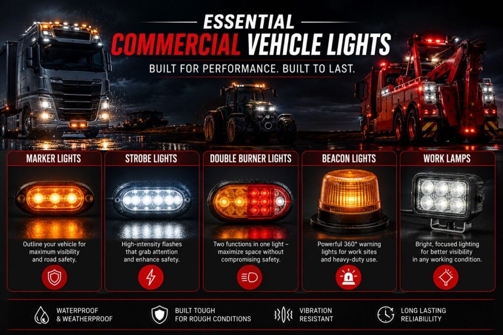 Marker lights, strobe lights, double burner lights, beacon lights, and work lamps for commercial vehicles