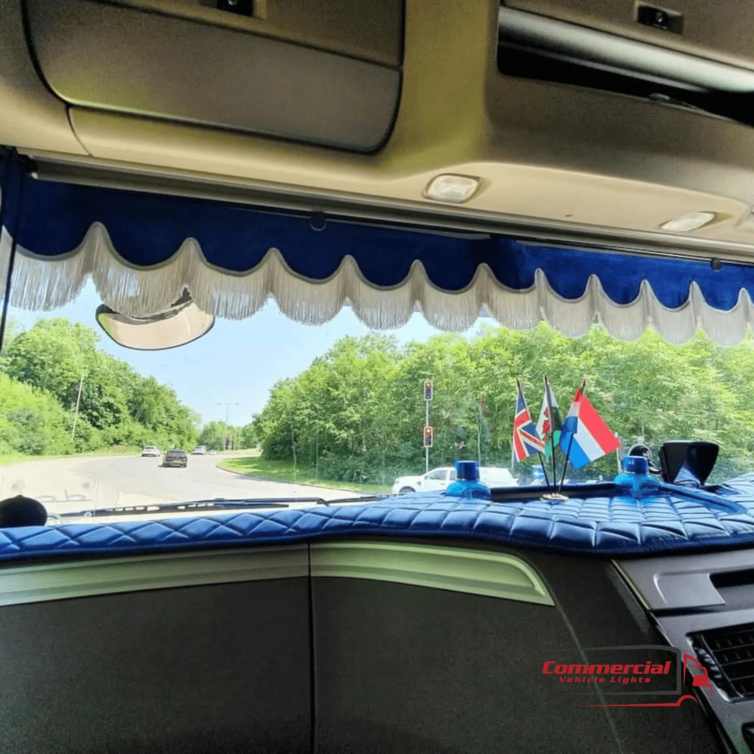 Universal truck front window pelmet red danish plush black tassels 2 6467a75a3d325f4f5d8af3feed77f6a8